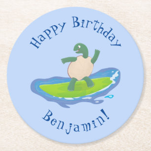 Funny tortoise wave surfing Cartoon Runder Pappuntersetzer