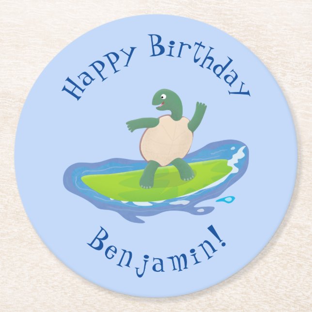 Funny tortoise wave surfing Cartoon Runder Pappuntersetzer (Vorderseite)