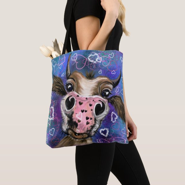 Funny Tote Tasche mit spielerisch Neugieriger Kuh  (Von Nahem)