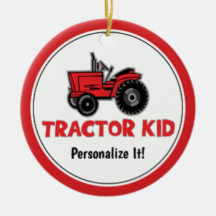 Funny Tractor Kid Red Holiday Personalize Keramik Ornament