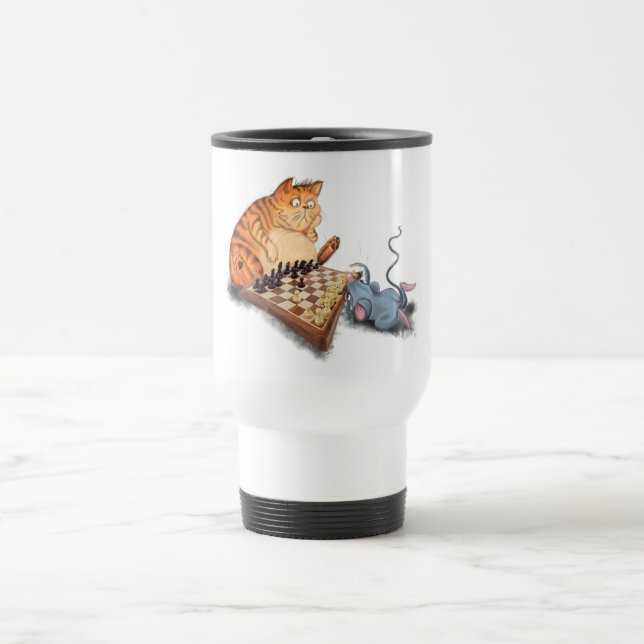 Funny Travel Mug mit Cat and Mouse Playing Schach Reisebecher (Mittel)