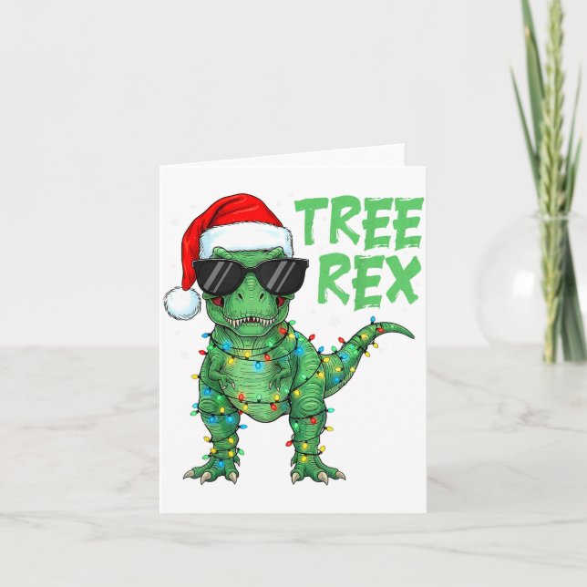 Funny Tree Rex Christmas Dinosaur Santa Hat Lights Karte (Vorderseite)