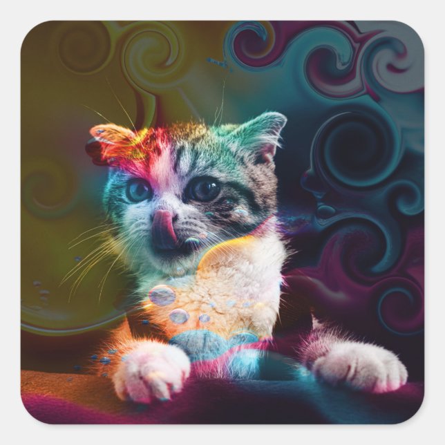 FUNNY TRENDY COLORFUL CAT ART QUADRATISCHER AUFKLEBER (Vorderseite)