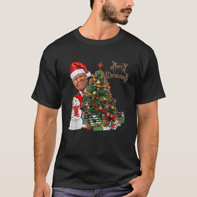 Funny Trump trägt Weihnachtsmannmütze Frohe Weihna T-Shirt (Vorderseite)