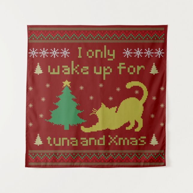Funny Tuna Christmas Cat – Ugly Xmas Pixel Style Wandteppich (Vorderseite)