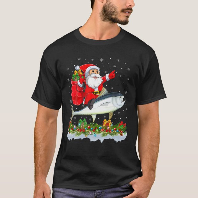 Funny Tuna Fisch Lover Santa Riding Thunfisch Weih T-Shirt (Vorderseite)