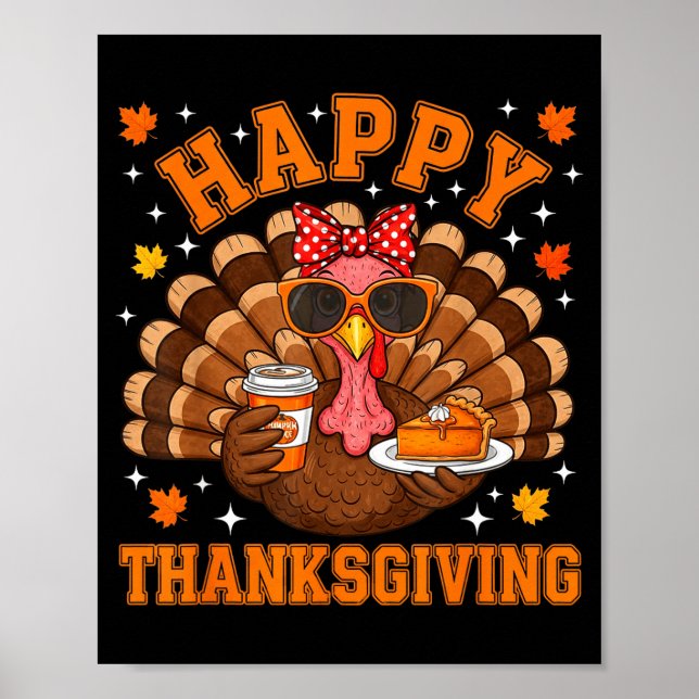 Funny Turkey Drinking Coffee Thanksgiving Bow Girl Poster (Vorne)