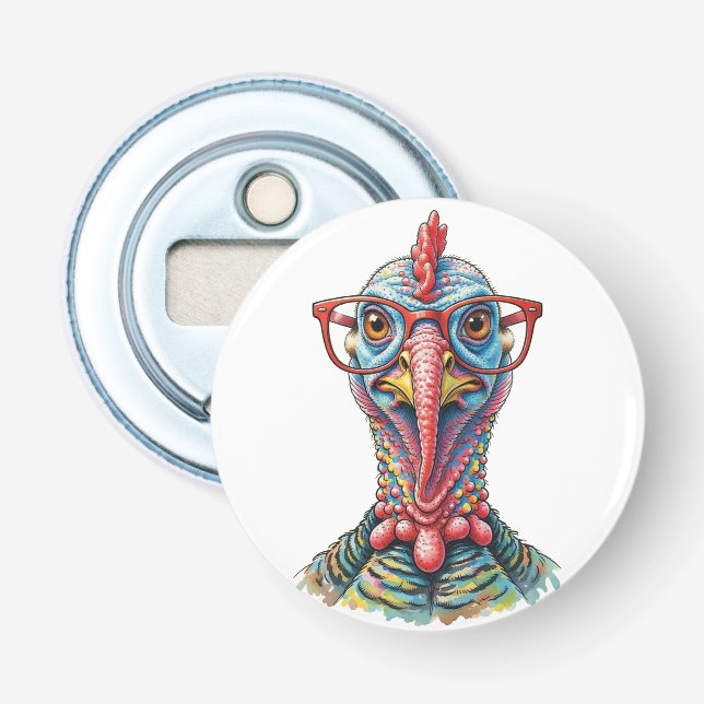 Funny Turkey in Glasses Cartoon Fun Flaschenöffner (Vorderseite)