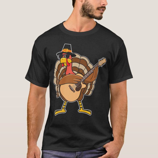 Funny Turkey Playing Guitar Thanksgiving T-Shirt (Vorderseite)