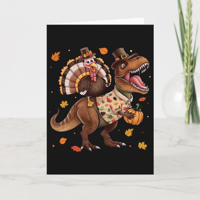 Funny Turkey Riding Dinosaur T Rex Thanksgiving Bo Karte (Vorderseite)