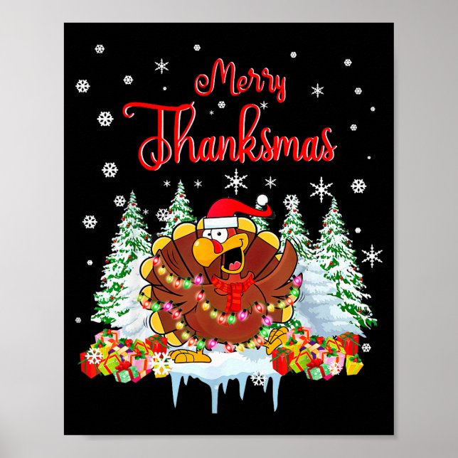 Funny Turkey Santa Merry Thanksmas Christmas Thank Poster (Vorne)