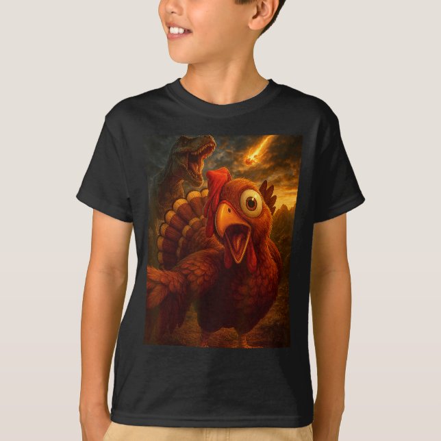 Funny Turkey Selfie With Dinosaur And Meteor Acaly T-Shirt (Vorderseite)