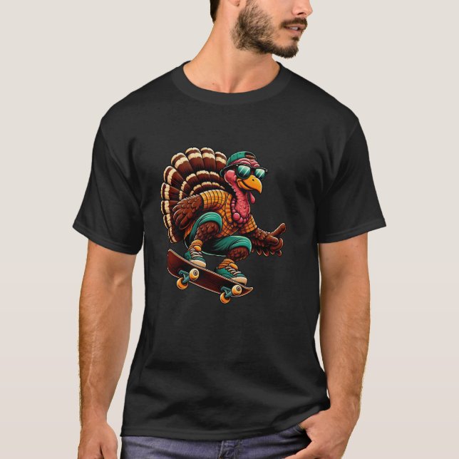 Funny Turkey Skater Erntedank Skateboarding Womom T-Shirt (Vorderseite)