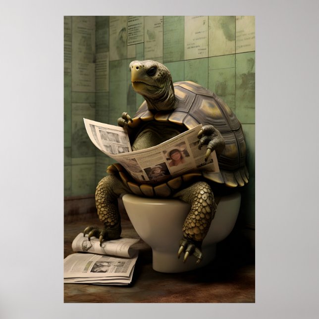 Funny Turtle Bathroom Print, Toilet Newspaper Art Poster (Vorne)