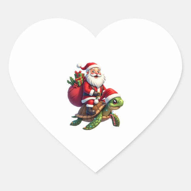 Funny Turtle Christmas Santa Riding Sea Turtle Xma Herz-Aufkleber (Vorderseite)