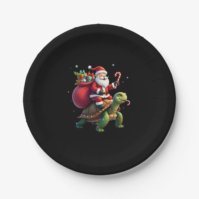 Funny Turtle Christmas Santa Riding Sea Turtle Xma Pappteller (Vorderseite)
