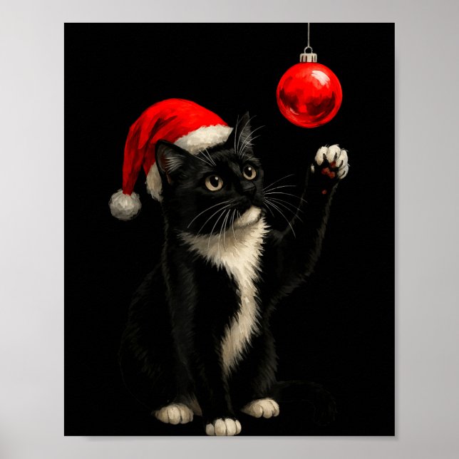 Funny Tuxedo Bauble Cat Santa Hat Red Xmas Christm Poster (Vorne)