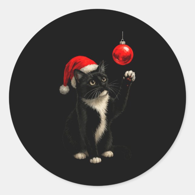 Funny Tuxedo Bauble Cat Santa Hat Red Xmas Christm Runder Aufkleber (Vorderseite)