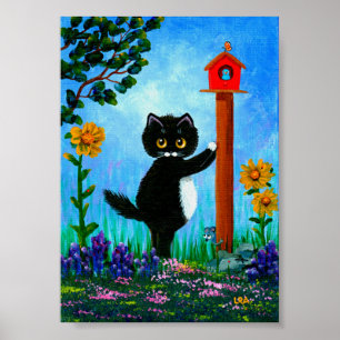 Funny Tuxedo Cat Birdhouse Mouse Creationarts Poster