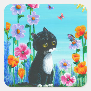 Funny Tuxedo Cat Butterflies Creationarts Quadratischer Aufkleber