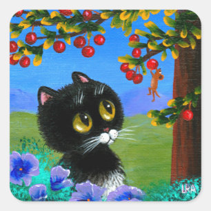 Funny Tuxedo Cat Mouse Creationarts Quadratischer Aufkleber