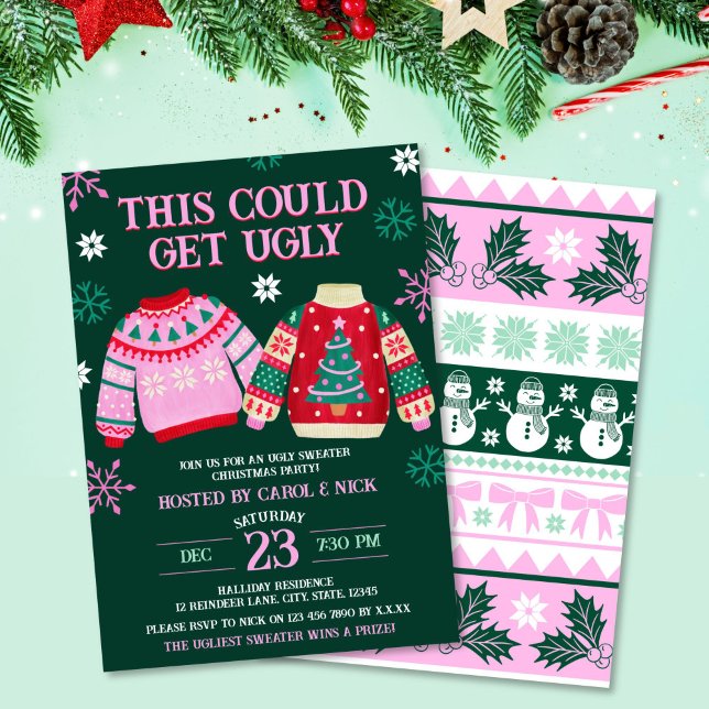Funny Ugge Sweater Christmas Party & Snowflakes Einladung (Ugly Sweater Christmas Party & Snowflakes Invitation)