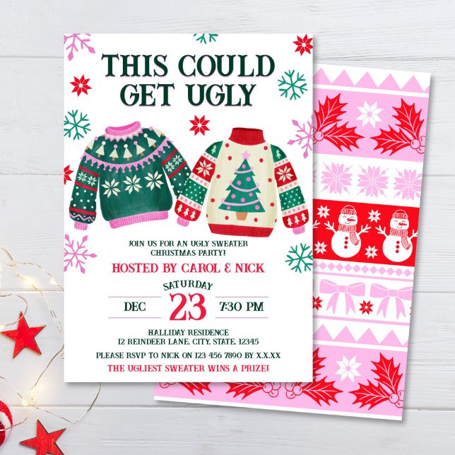 Funny Ugge Sweater Christmas Party & Snowflakes Einladung (Ugly Sweater Christmas Party & Snowflakes Invitation)