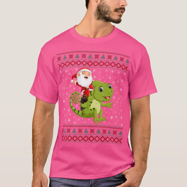 Funny Ugly Christmas Santa Riding Chameleon T-Shirt (Vorderseite)