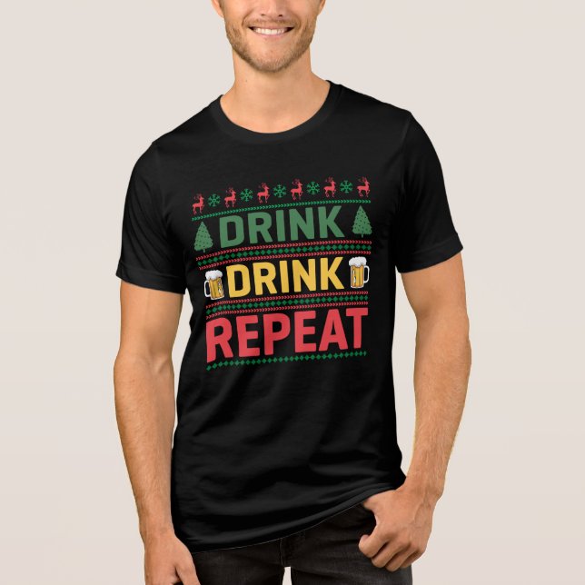 Funny Ugly Christmas Sweater Drink Bier Script Tri-Blend Shirt (Vorderseite)