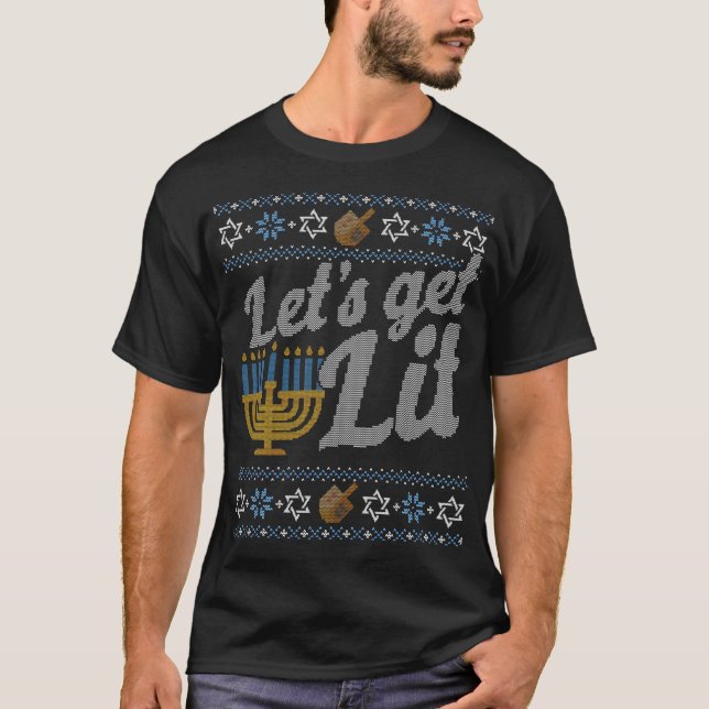 Funny Ugly Hanukkah Lasse erhalten Lit Menorah T-Shirt (Vorderseite)