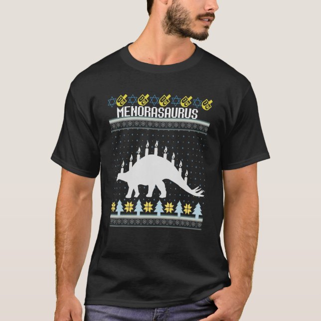 Funny Ugly Hanukkah Sweater Dinosaur Menorah Dino T-Shirt (Vorderseite)