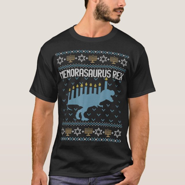 Funny Ugly Hanukkah Sweater Dinosaur Trex Menoras T-Shirt (Vorderseite)