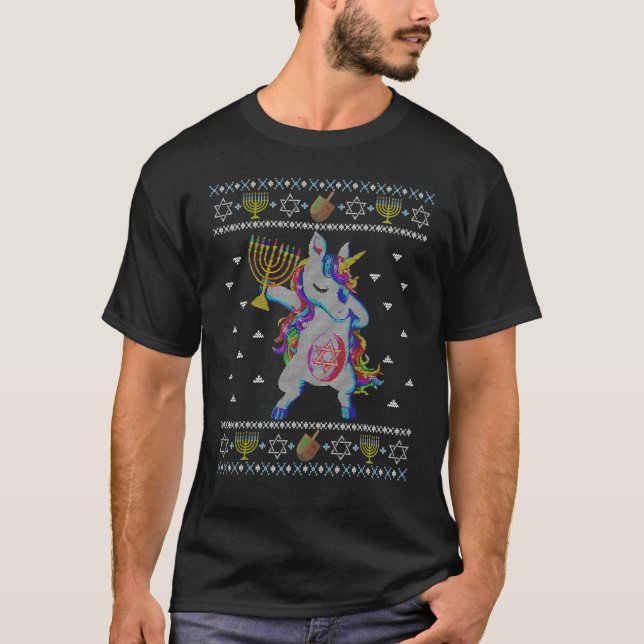 Funny Ugly Hanukkah Sweater Juwish Dabbing Unicorn T-Shirt (Vorderseite)