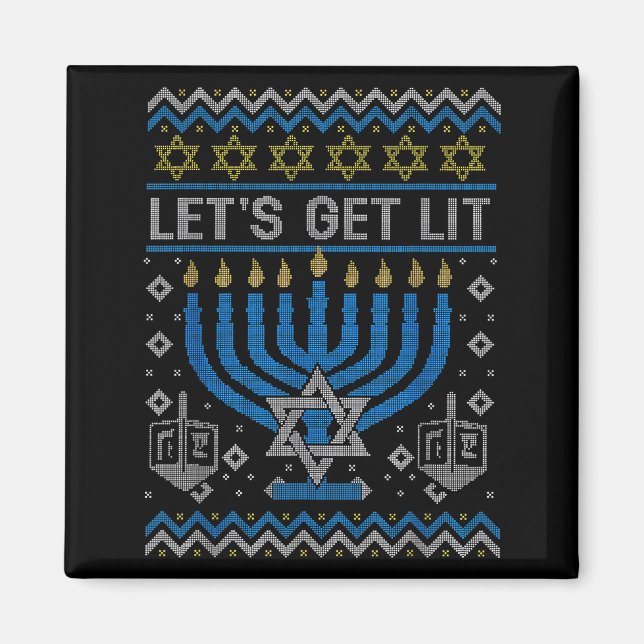 Funny Ugly Hanukkah Sweater Lets Get Lit Menorah J Magnet (Vorne)