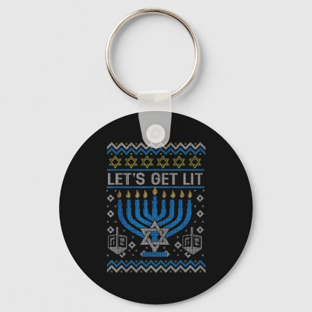 Funny Ugly Hanukkah Sweater Lets Get Lit Menorah J Schlüsselanhänger (Vorderseite)