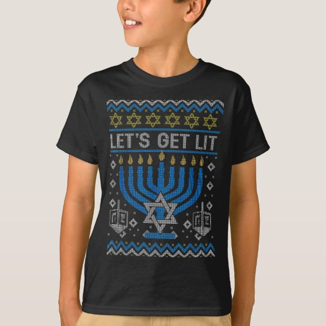 Funny Ugly Hanukkah Sweater Lets Get Lit Menorah J T-Shirt (Vorderseite)