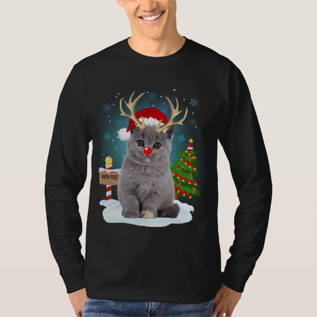 Funny Ugly Sweater Cat Rentier North Pole Christm T-Shirt (Vorderseite)