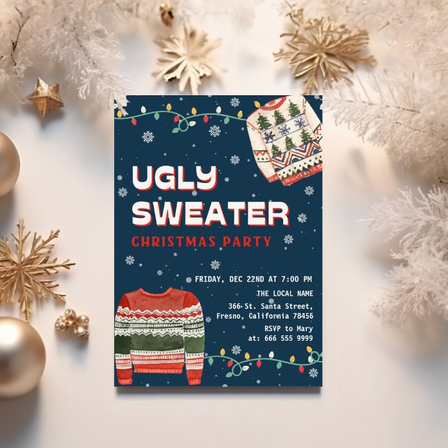 Funny Ugly Sweater Christmas Party Einladung (Funny ugly sweater blue christmas party invitation)