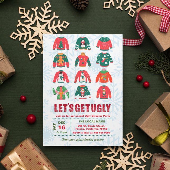 Funny Ugly Sweater Christmas Party Einladung (Lets get ugly, funny ugly sweater christmas party invitation)