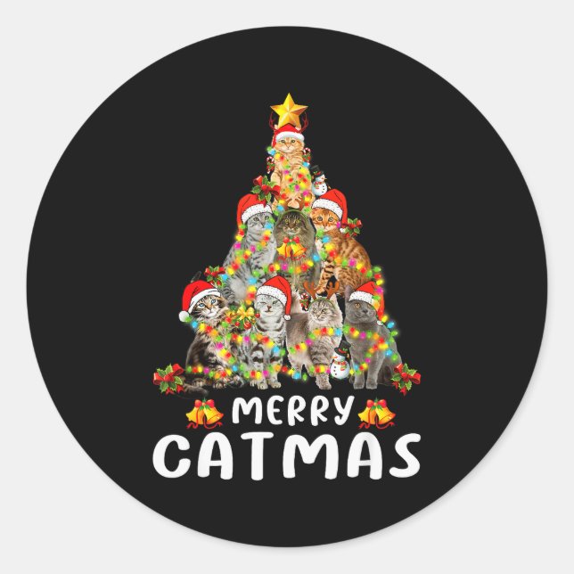 Funny Ugly Sweater Christmas Tree Shirt Cat Lights Runder Aufkleber (Vorderseite)