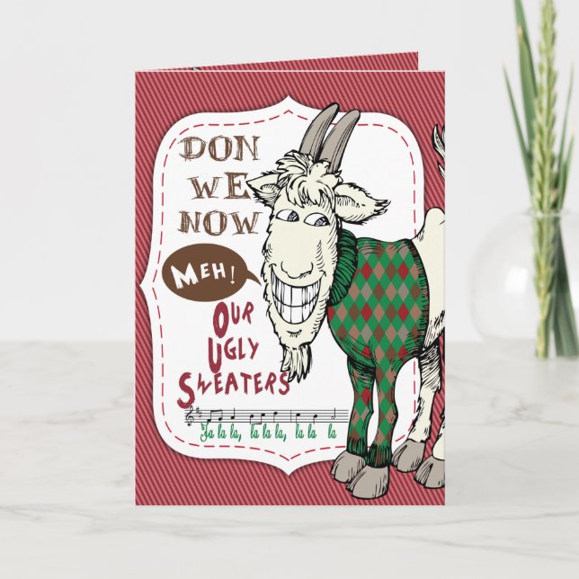 FUNNY Ugly Sweater Meh Goat Weihnachtskarte Feiertagskarte (Vorderseite)