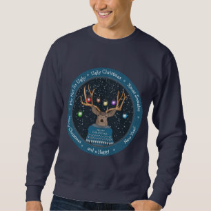 Funny Ugly Sweater Rentier Weihnachtslicht Blau Sweatshirt