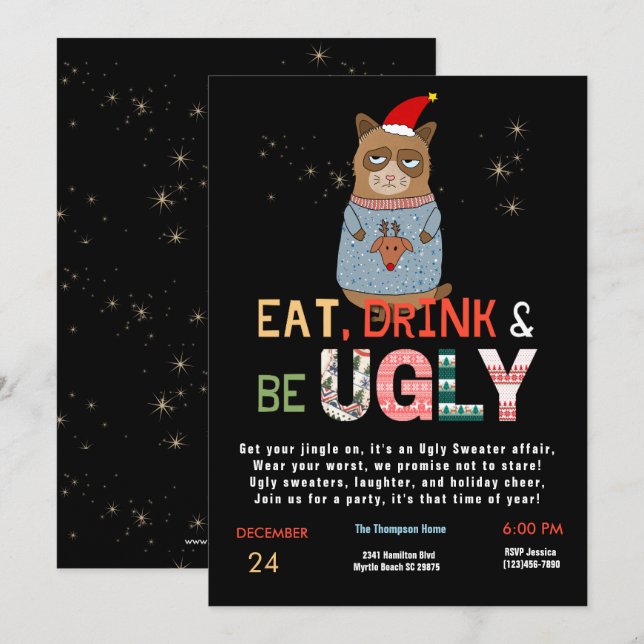 Funny Ugly Sweater Weihnachts-Party Einladung (Vorne/Hinten)