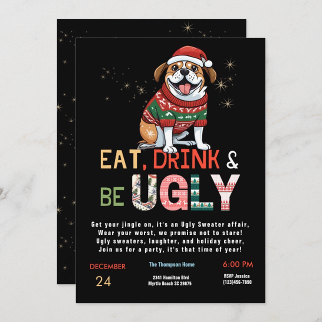 Funny Ugly Sweater Weihnachts-Party Einladung (Vorne/Hinten)