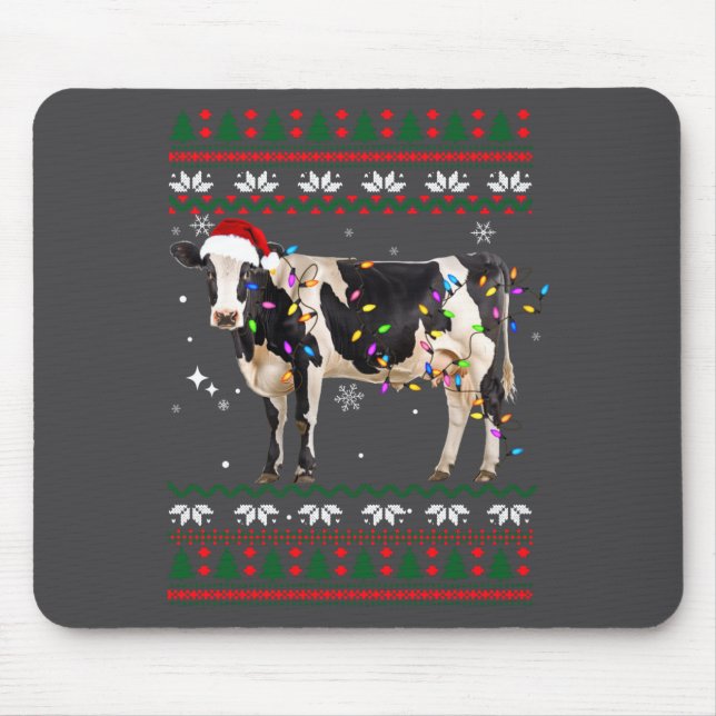 Funny Ugly Xmas Sweater Dairy Cow Farmer Lights Ch Mousepad (Vorne)