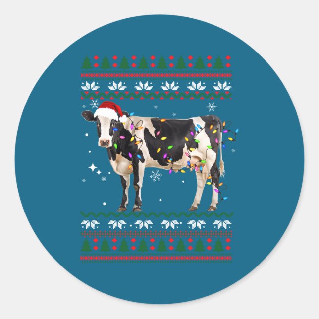 Funny Ugly Xmas Sweater Dairy Cow Farmer Lights Ch Runder Aufkleber (Vorderseite)