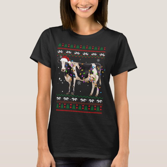 Funny Ugly Xmas Sweater Dairy Cow Farmer Lights Ch T-Shirt (Vorderseite)
