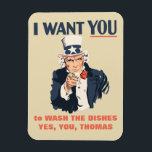Funny Uncle Sam Custom Message Magnet<br><div class="desc">Schämen Sie Ihren Mitbewohner,  seine Geschirr zu waschen,  erinnern Sie Ihre Kinder daran,  die Kühlschrank-Tür nah,  dieser lustige Magnet ist bereit,  mit Ihrer eigenen Botschaft und zeigt eine Abbildung von Onkel Same im Stil des klassischen Rekrutierungspakets.</div>