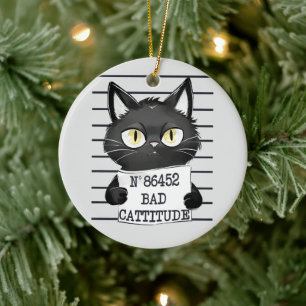 Funny und Niedlich Black Cat Mugshot Keramik Ornament