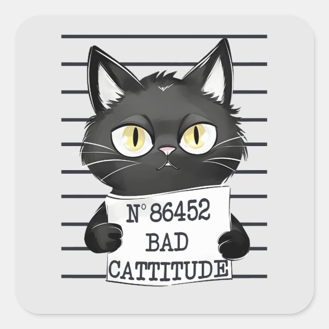 Funny und Niedlich Black Cat Mugshot Quadratischer Aufkleber (Vorderseite)